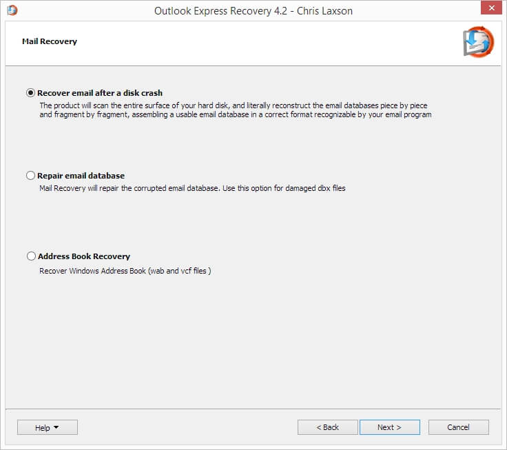 Live Mail Recovery wizard -- choosing recovery mode