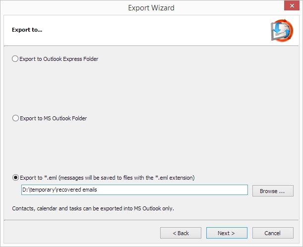 Live Mail Recovery: Export wizard - save and convert options
