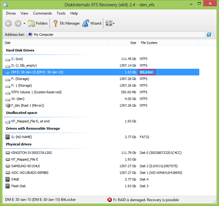 BitLocker Recovery: disk list