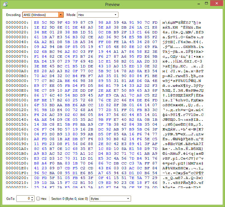 Bitlocker disk HEX preview