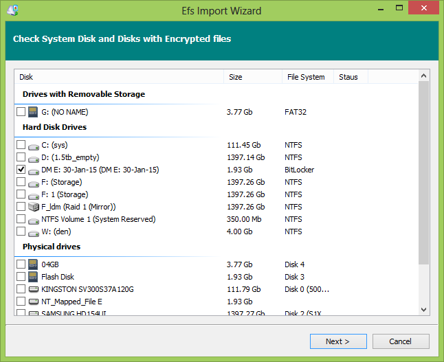 EFS and Bitlocker Import wizard